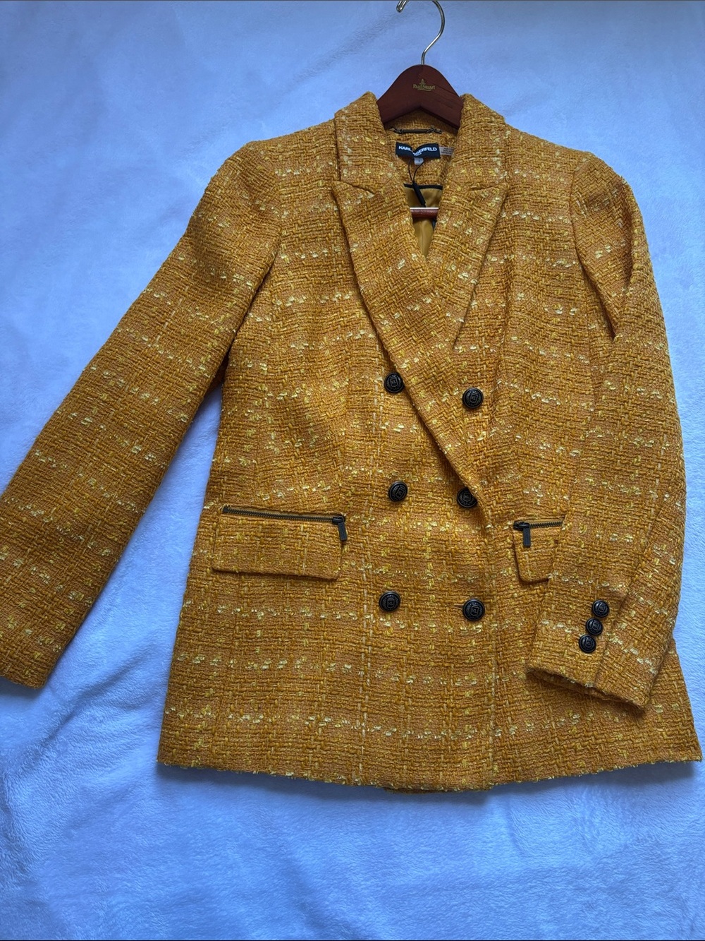 Karl Lagerfeld Mustard Yellow Tweed Double-Breasted Blazer